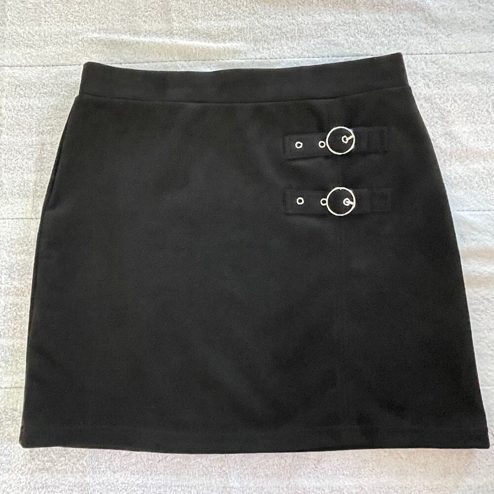 Black mini skirt soft velour buckle detailing size 11